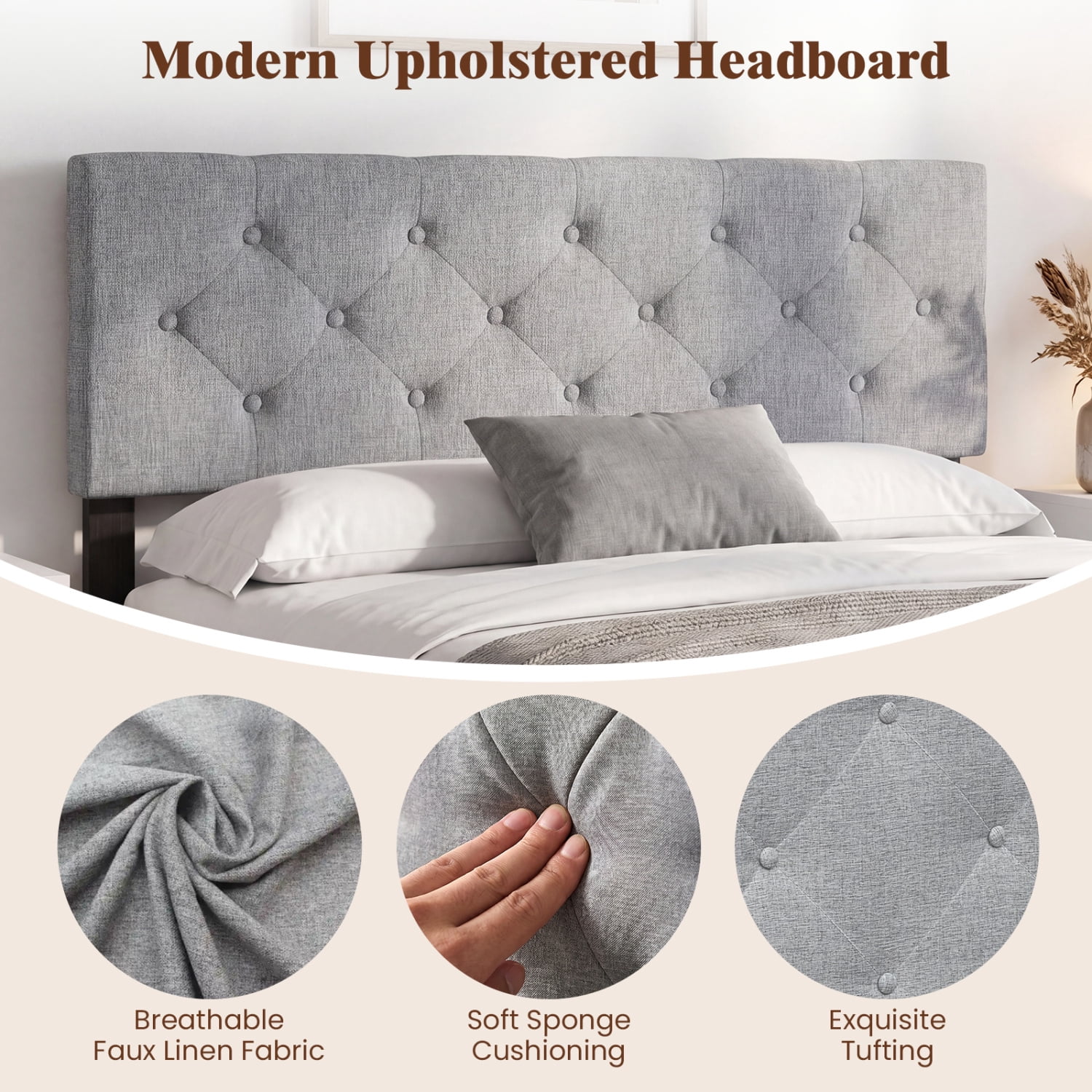 Furnibear Upholstered Tufted Headboard for Full and Queen Beds, Linen Bed Frame Headboard with Adjustable Legs, Fits Queen Bed Frame, Gray