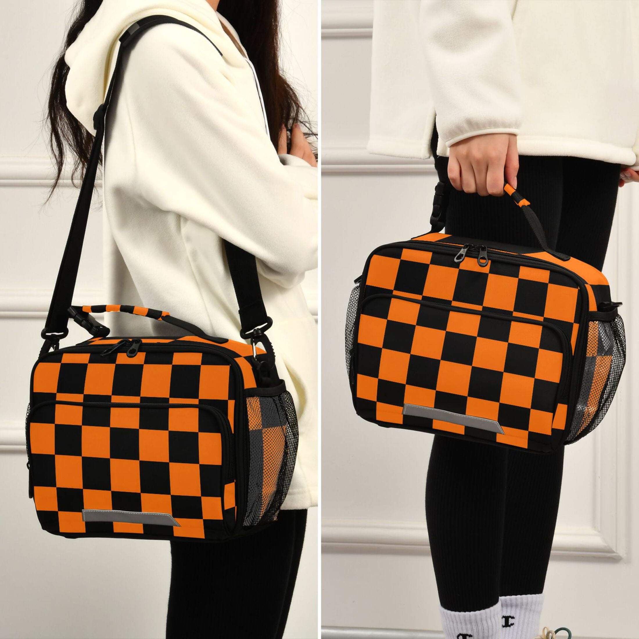 ALAZA Orange Checkered Grid Pattern Lunch Box Insulated Cooler Bag Reusable Tote Bags Shoulder Strap