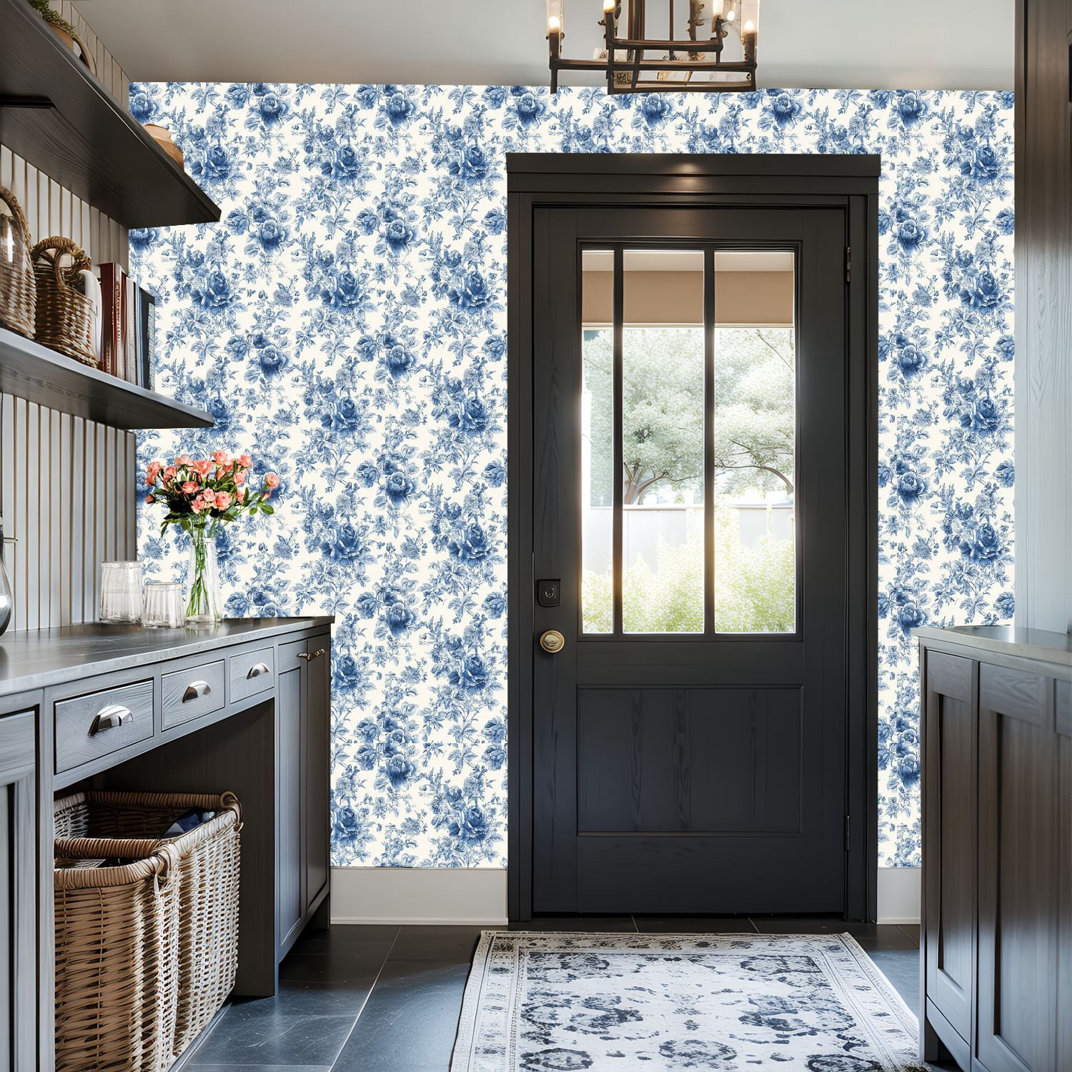 Peel and Stick Wallpaper 17.7in x 9.8ft Blue White Vintage Floral Elegant Botanical Contact Paper Vinyl Waterproof Self Adhesive Wall Paper for Bedroom Shelf Cabinet Renter Friendly
