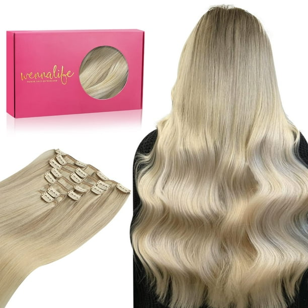 WENNALIFE Extensiones de cabello humano con clip de 20 pulgadas, 4.23 oz, 7 piezas de rubio ceniza a rubio dorado y rubio platino Ombre Clip en extensiones de cabello humano Remy Clip en extensiones d
