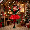 thumbnail image 3 of REDARER Girls Christmas Elf 4PCS Set Holiday Cosplay Outfit with Elf Hat Velvet Tulle Skirt Striped Tights and Elf Boots,11-12 Years, 3 of 4