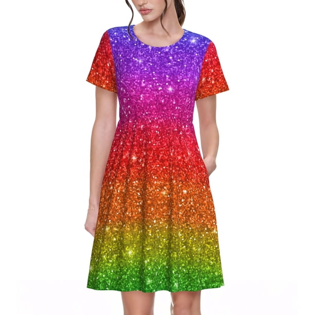 Easygdp Rainbow Glitter para Vestido Transpirable de Mujer, Vestido Suelto de Manga Corta con Pliegues y Bolsillos para el Verano