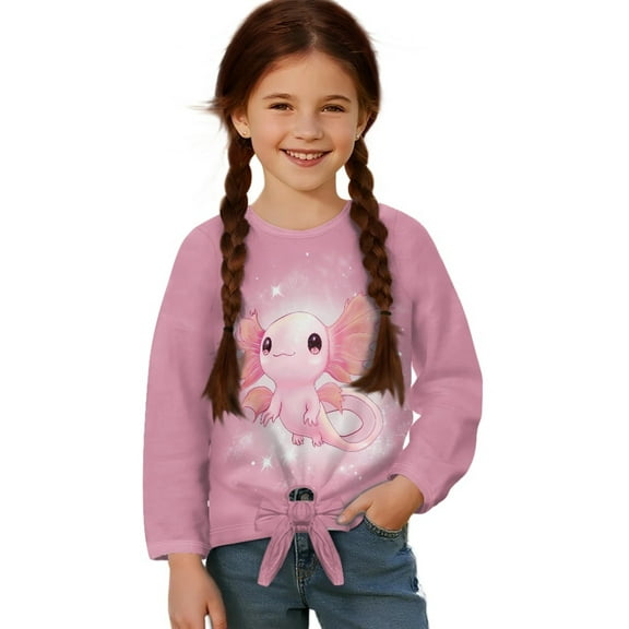 DISNIMO Axolotl Print Girls Long Sleeve Tops Lace Up Pullover Crew Neck Loose Blouse Top Comfy Soft T Shirts Fall Winter Clothes for Teens