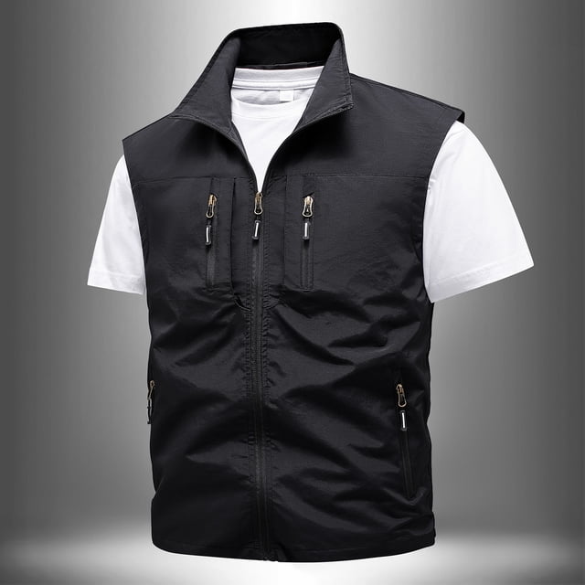 Drppepioner Faux Leather Jacket Men,Men's Quick-Drying Work Clothes Jacket Solid Color Stand-Up Collar Zipper Waistcoat
