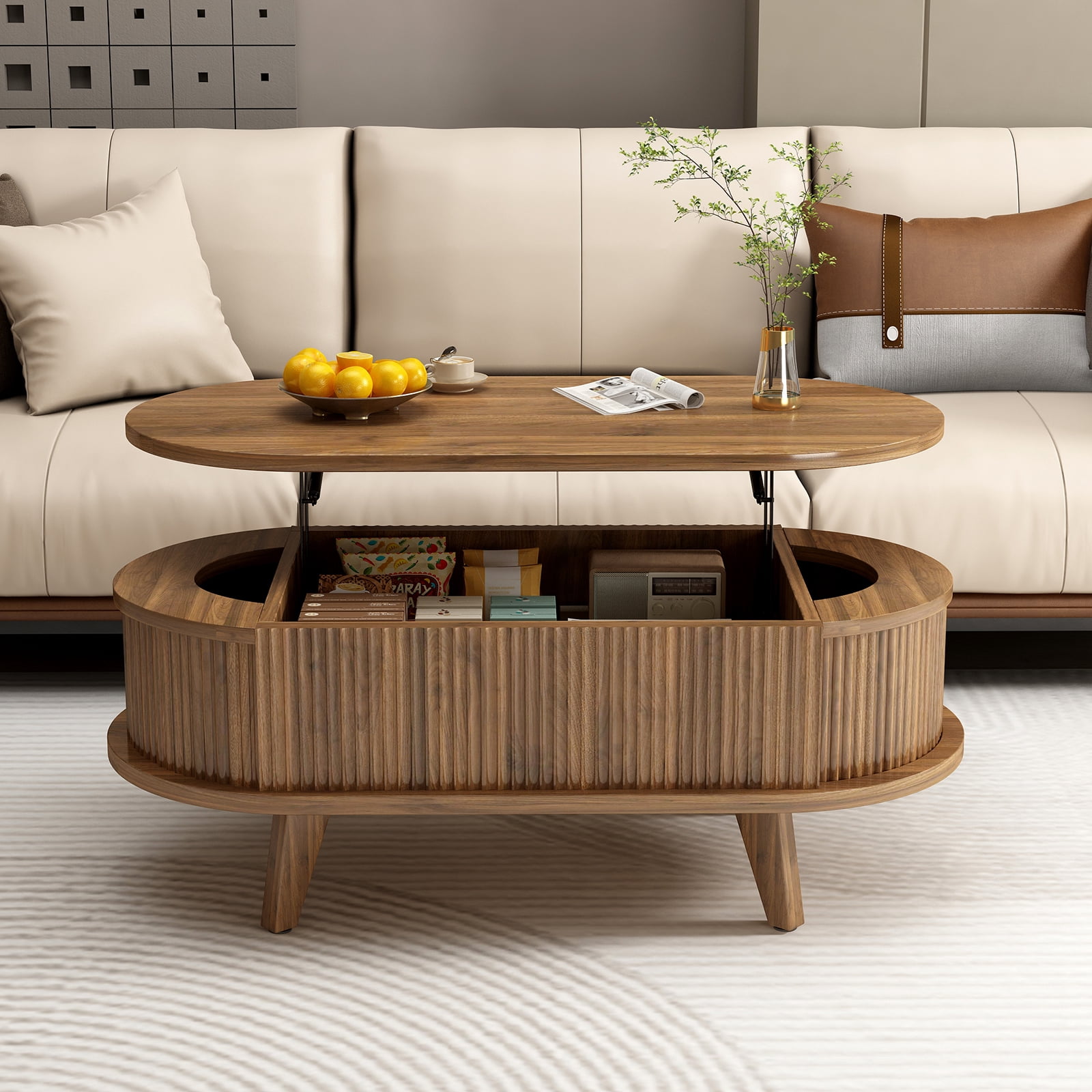 Hommoo Fluted Lift Top Coffee Table with Hidden Storage Compartments, Mid-Century Modern Oval Wooden Center Table for Living Room, Office & Small Spaces, Walnut