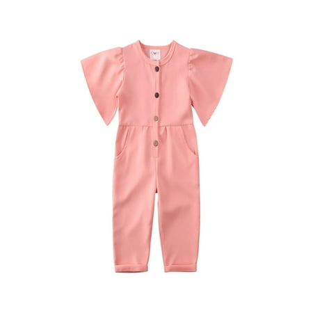 

Fiomva Kids Baby Girls Short Sleeve Rompers Solid Color Round Neck Button Closure Harem Pants Jumpsuit