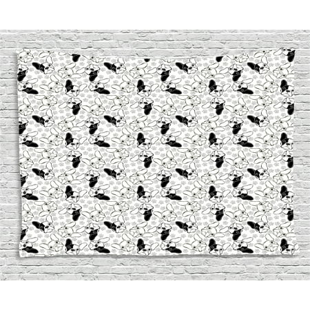 Bulldog Tapestry, Monochrome Doodle Portraits with Paw Traces Best Friend Animal Lover, Wall Hanging for Bedroom Living Room Dorm Decor, 60W X 40L Inches, Black White and Pale Grey, by (Best Black And White Portraits)