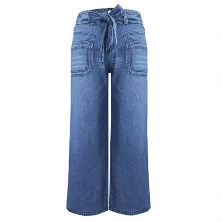 デニム・ジーパン HUECLOSET Blue Western Semi Wide Denim Pants 25KERO362 JNGSA Women Wide Leg Jeans-Baggy High Waisted Lace-Up Loose