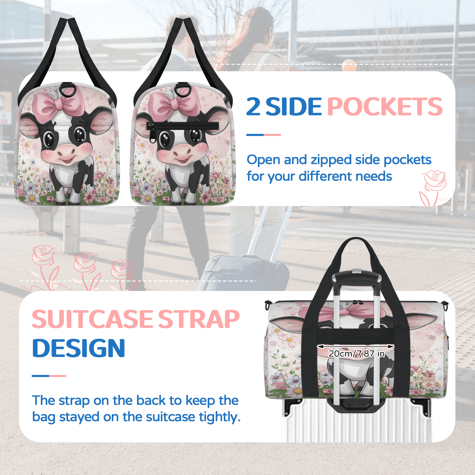 Herdesigns Cute Gym Bag for Women, Cow Duffle Bag for Travel Sport, Lightweight Waterproof Carry on Weekender Overnight Dance Yoga Workout Bags