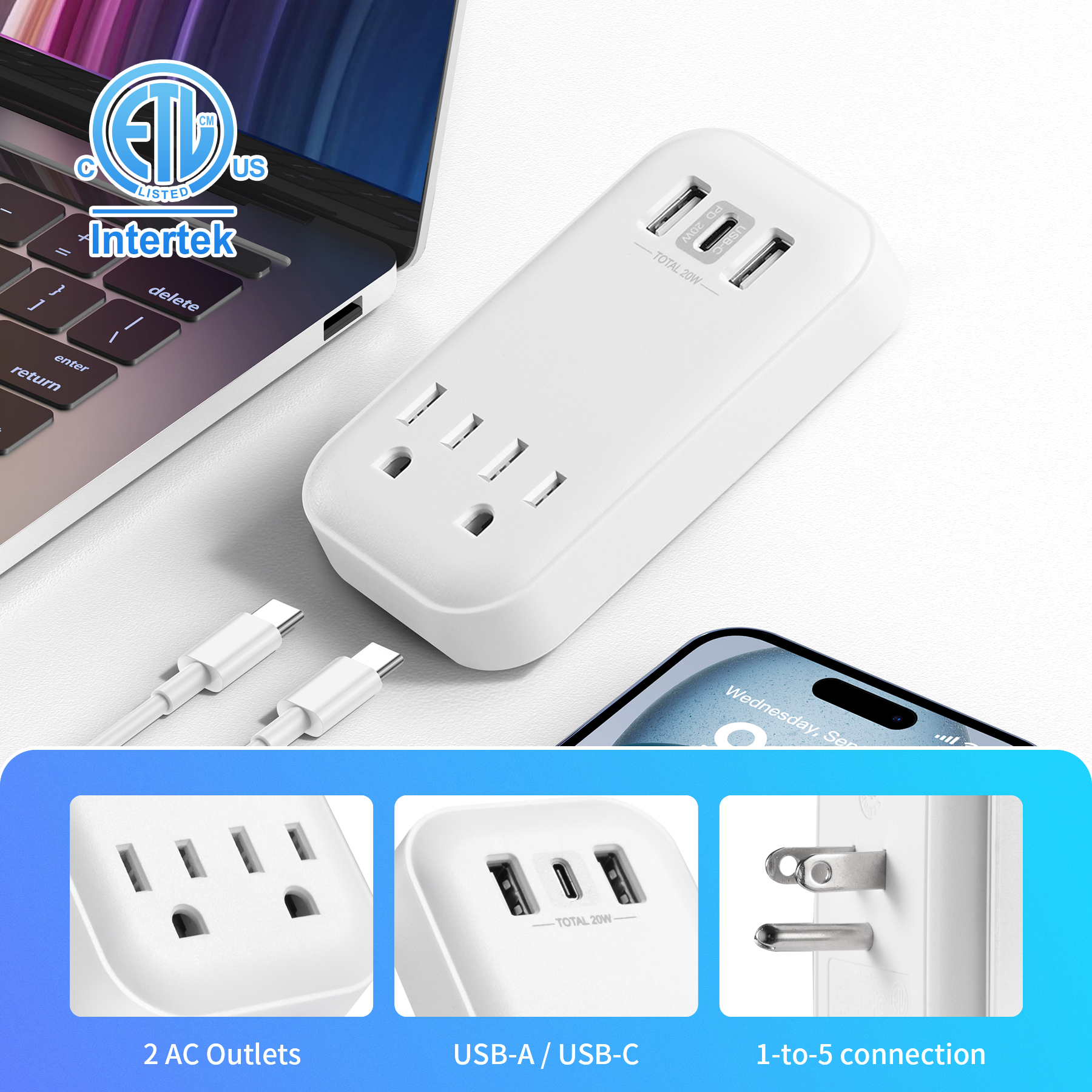 Hyper Tough USB Outlet Extender, 900J Surge Protector, 2 Outlet Splitter with USB-A & USB-C, White