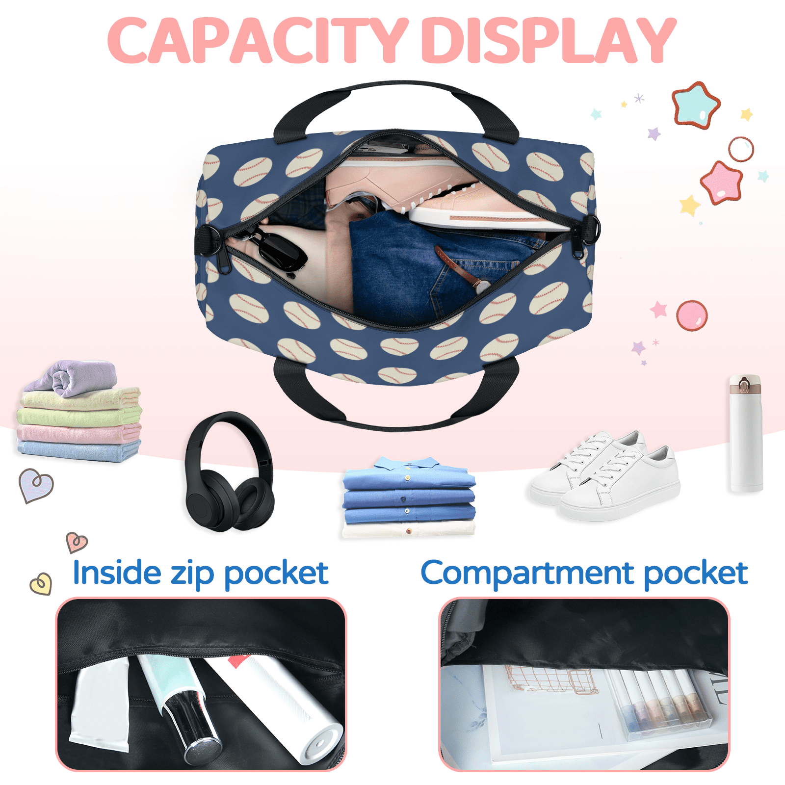 Herdesigns Baseball Navy Blue Travel Duffle Bag Sports Yoga Weekender Overnight Carry on Workout Bags Lightweight Waterproof Gym Tote Bag for Women