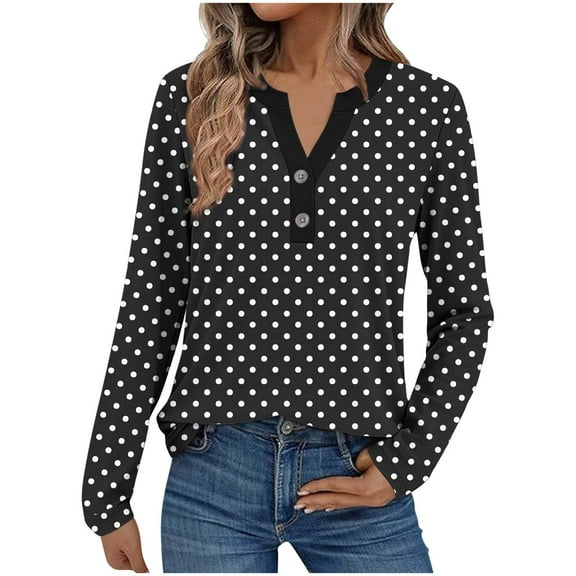 Sweatshirts for Women Trendy, Womens 3/4 Length Sleeve Tops Dressy Plaid Polka Dot Graphic V Neck T Shirts Loose Fit Button Three Quarter Work Blouse