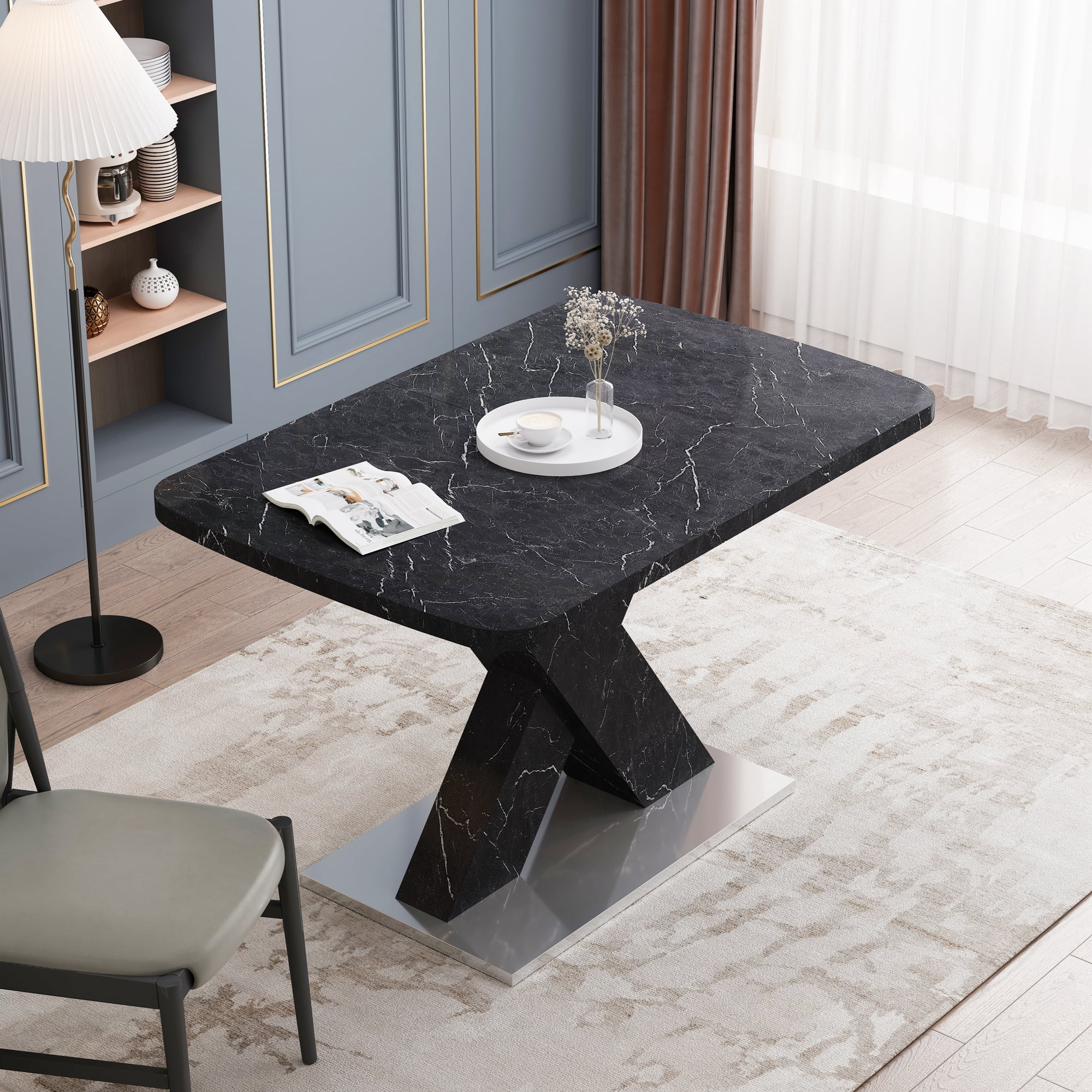 Stretchable Dining Table, Modern Square Dining Table, Black Marble Table Top+MDF X-Shape Table Leg with Metal Base