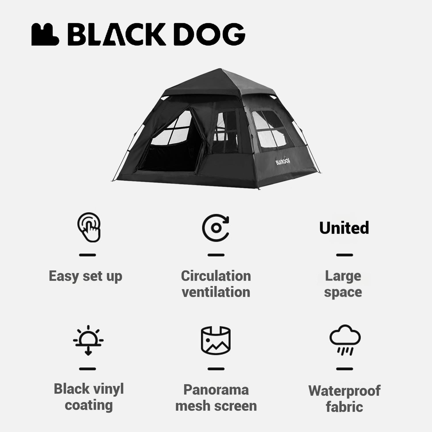 BLACKDOG, Family Camping Tent, Automatic Quick-opening Black Vinyl Coating Tent for 4 people, Easy setup Camping Tent with Two Doors and Four Vent Windows, Waterproof and Sun Protection