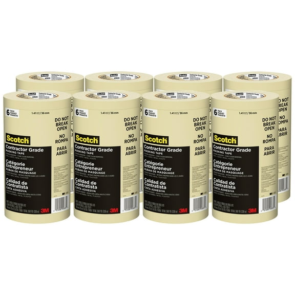 8 Contractor Packs of 1.41" x 60 yds 3M 2020‐36AP‐6 Tan Scotch Contractor Grade Masking Tape, 8 Contractor 6‐Packs