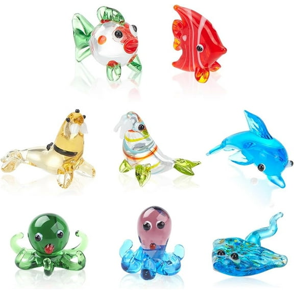 1Sets 8 Pcs Sea Life Glass Figurines Mini Marine Figurines Glass Miniature Manta Ray/Butterflyfish/Walrus/Dolphin/Octopus/Fish Handmade Colorful Lampwork Animal Figure for Fish Decor Ornaments
