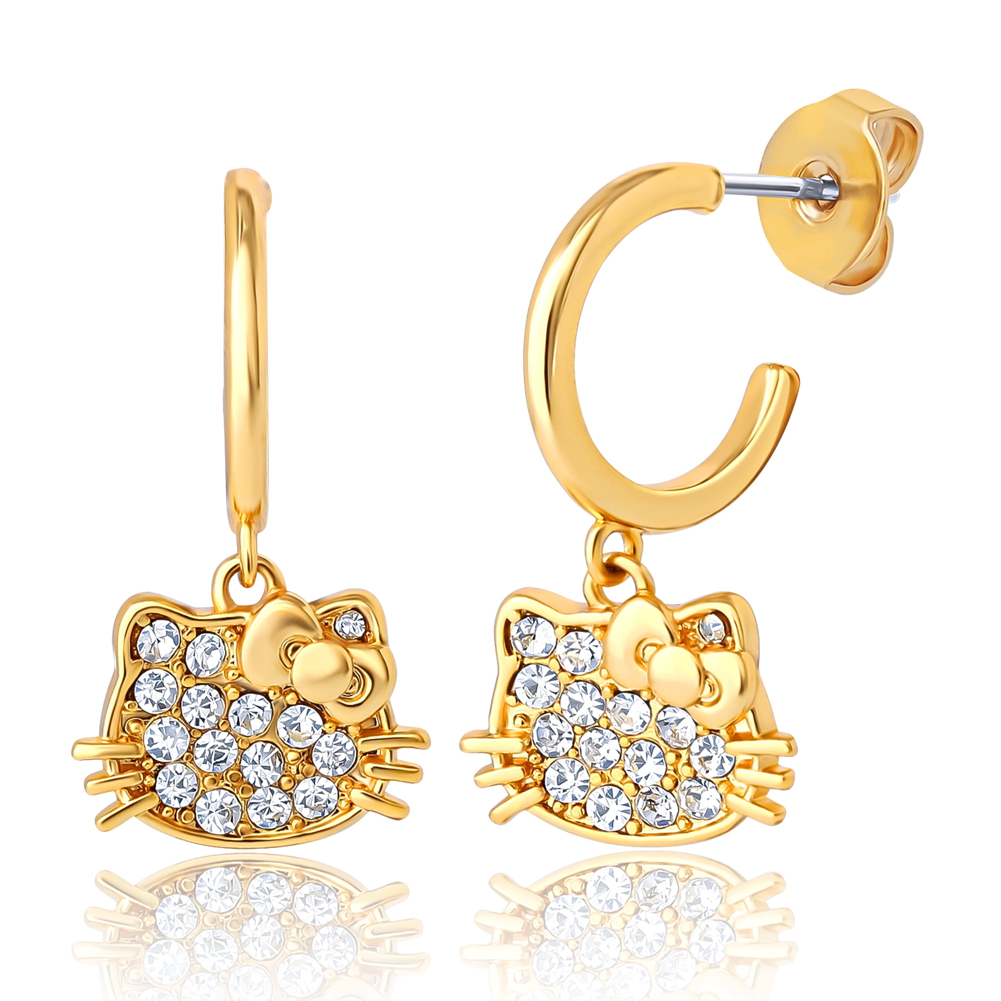 Hello Kitty Earring Set, 2-Pair, Gold-Tone Studs & Pavé Dangle Hoops