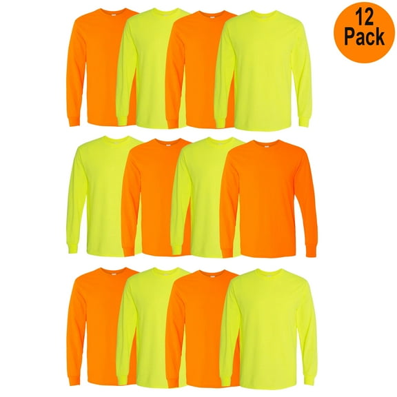 Gildan Men's Long Sleeve Hi Vis T-Shirt, Heavy Cotton Workwear Safety Green and Orange, S, 12 Pack