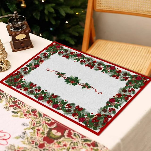 Rapeiae Christmas and V-alentine's Day Themed Placemats with Green Plants Decorations