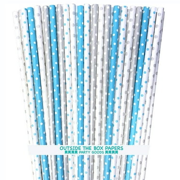 100 Light blue and Silver Polka Dot Paper Straws