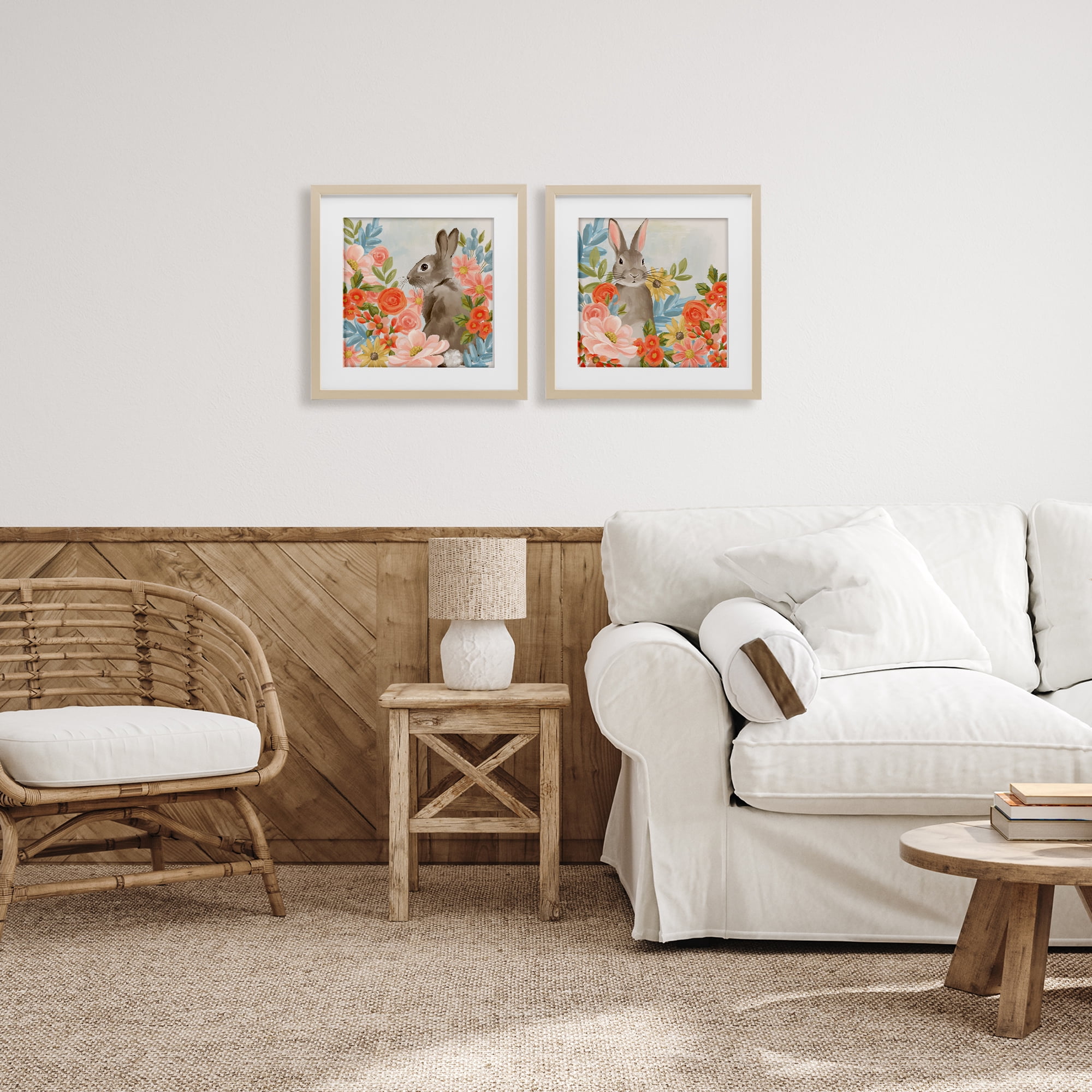 Stupell Industries Bright Bunny Blooms 2 Piece Birch Framed Print Under Glass Set, design by Cat Thurman Designs