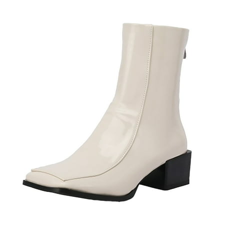 YHGFVOKJ Boots for Women Autumn/Winter New Short Ankle Boots PU Leather Square Head Thick Heels Back Zipper Leather Shoes Womens Fall Shoes 2024 Beige 40