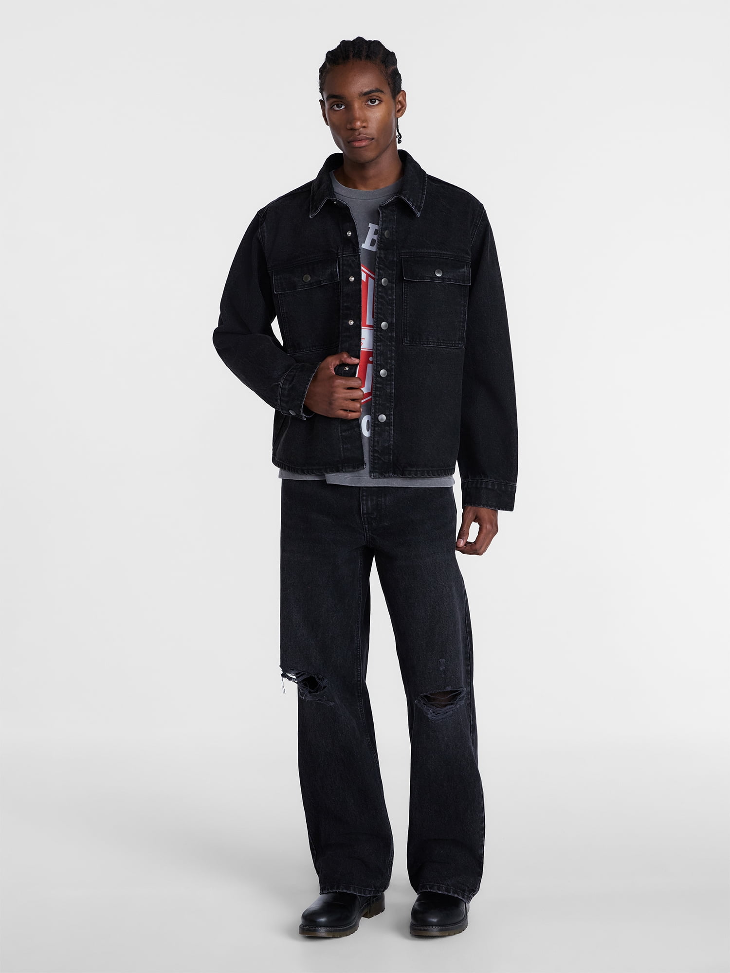 No Boundaries Denim Shacket with Long Sleeves, 100% Cotton 14 oz Denim, Men's XS-4XLT