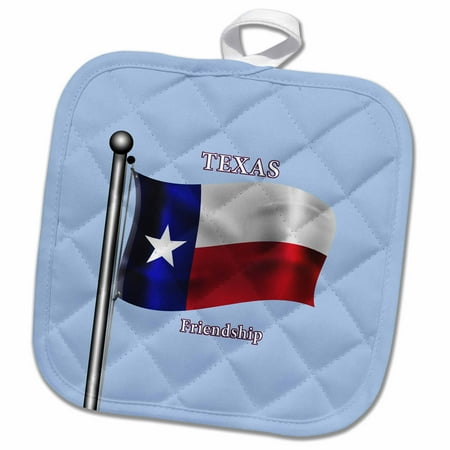 3dRose Waving Flag of Texas and state motto on a light blue background - Pot Holder, 8 by