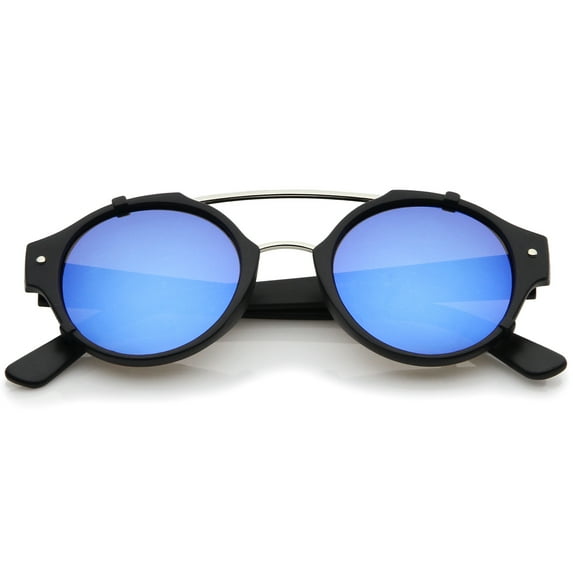 sunglassLA Unisex Modern Matte Finish Double Crossbar Mirrored Lens P3 Round Sunglasses (Black-Silver / Blue Mirror) - 49mm