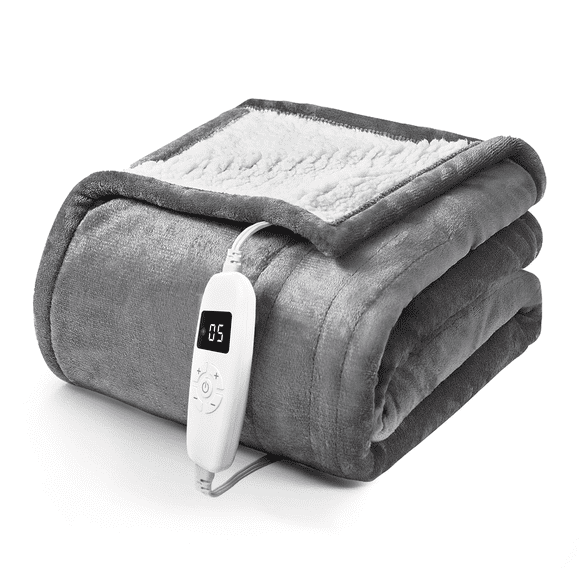 YGXNEWER 50" x 60" Electric Heated Blanket with 10 Heating Levels & 1-8H Auto-off, Machine Washable Flannel & Sherpa, Gray & White