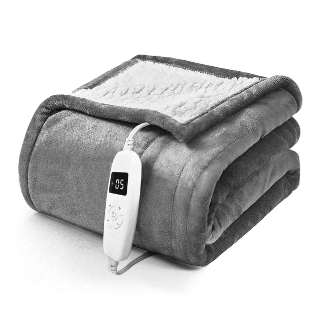 YGXNEWER 50" x 60" Electric Heated Blanket with 10 Heating Levels & 1-8H Auto-off, Machine Washable Flannel & Sherpa, Gray & White