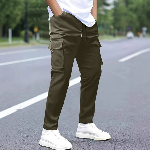 Bosfbaoi Olive Green Cargo Pants for Men - Multiple Pockets Drawstring Waist Straight Fit - Work Pants Casual Style for Daily Wear