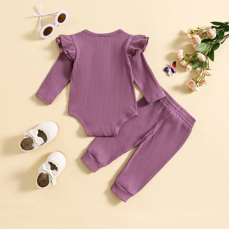 Fernvia Toddler Girl Fall Outfit - Purple Bowknot Waffle Knit Sweatshirt & Pants Set