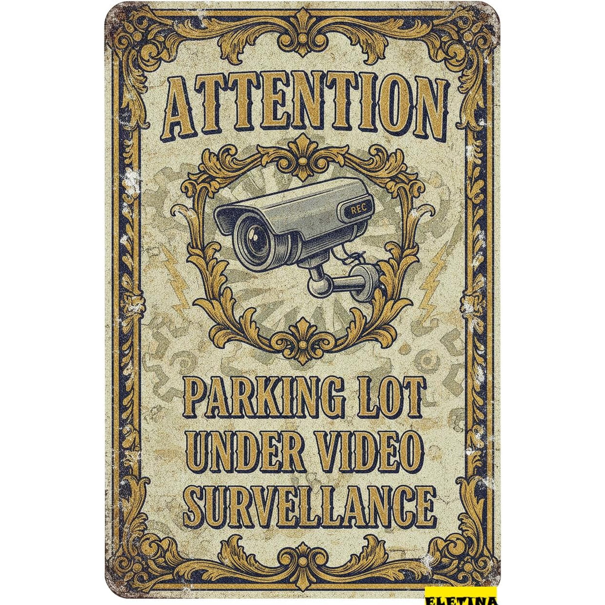 Retro Metal Tin Sign Warning Attention Parking Lot Under Video Plaque Functional Directivity Symbol Yard Road Street Gate Fence 8 X 12 Home Club bar Wall Art Decor Tin Sign