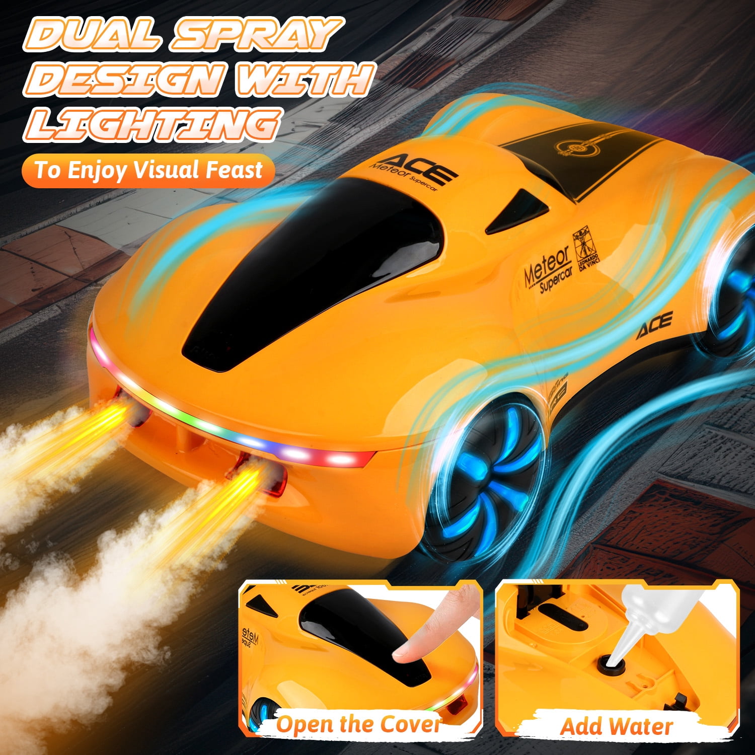 Huge Wave RC Cars for Aged 4-12 Boys , Rechargeable Remote Control Stunt Car, 360° Rotate, Cool Light & Dual Spray, Christmas Birthday Toy Gifts for Kids, Orange