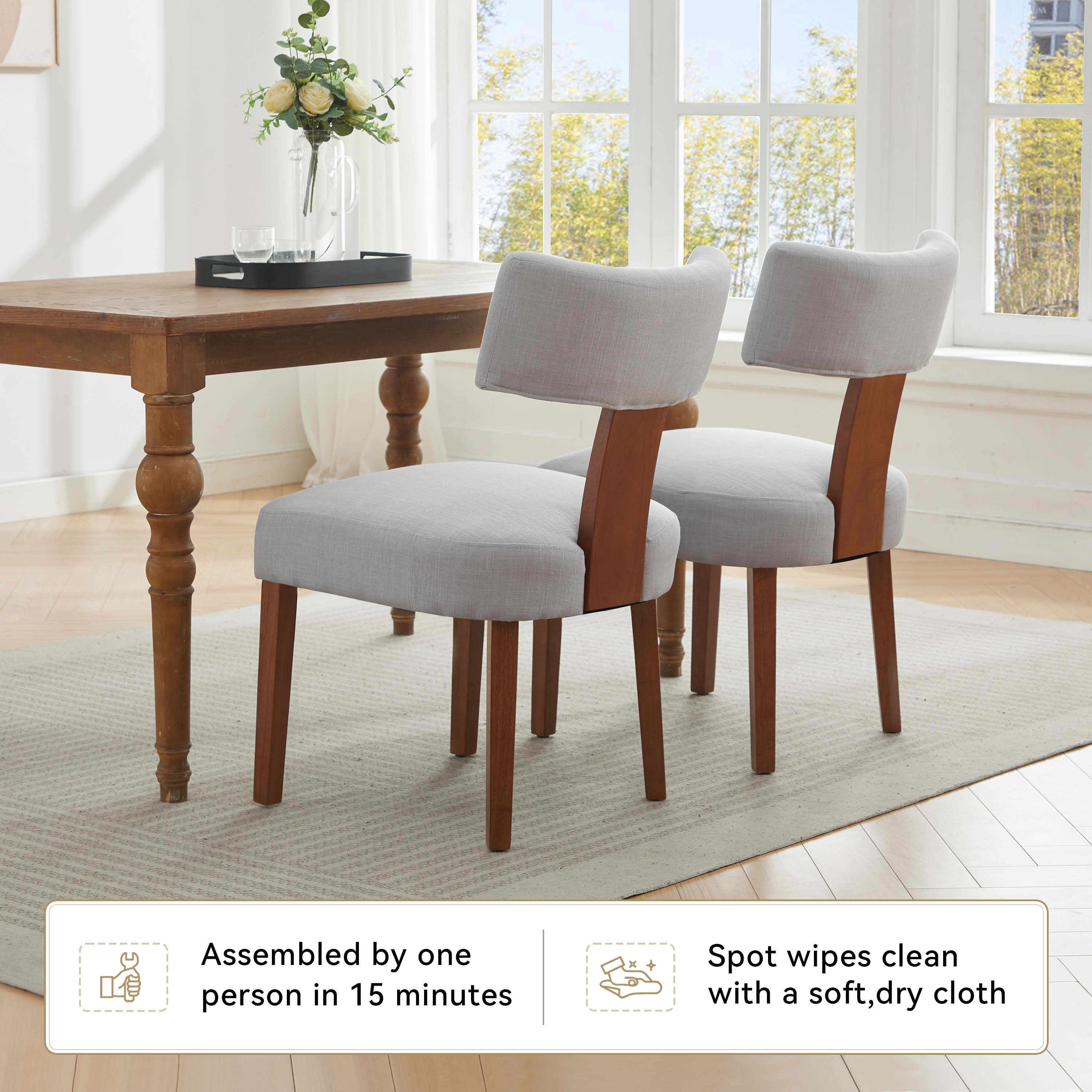 MAYEERTY Set of 2 Linen Fabric Modern Armless Dining Chairs, Curved Backrest & Solid Wooden Legs, for Dining Room & Living Room, Gray