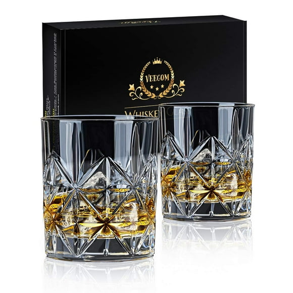 Whiskey Glass Set of 2, veecom 10 oz Crystal Whiskey Glasses Thick Bottom Bourbon Glasses Old Fashioned Rocks Glass Tumbler for Scotch, Cocktail, Liquor, Home Bar Whiskey Gifts for Men (Glass Set 2)