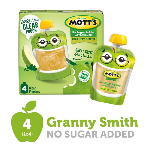 Mott's No Sugar Added Granny Smith Applesauce, 3.2 oz clear pouches, 4