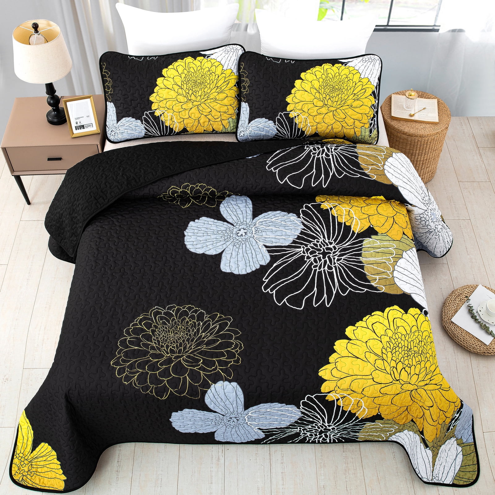Dintszyayue Yellow Floral Quilt Set Queen Size,1Bedspreads and 2Pillowcases Bohemian Soft Adult(90"x96")