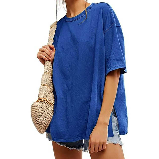 Karight T-Shirts Surdimensionnés pour Femmes Été Décontracté Manches Courtes Col Rond T-Shirt Coupe Ample Fente Latérale Tee Hauts