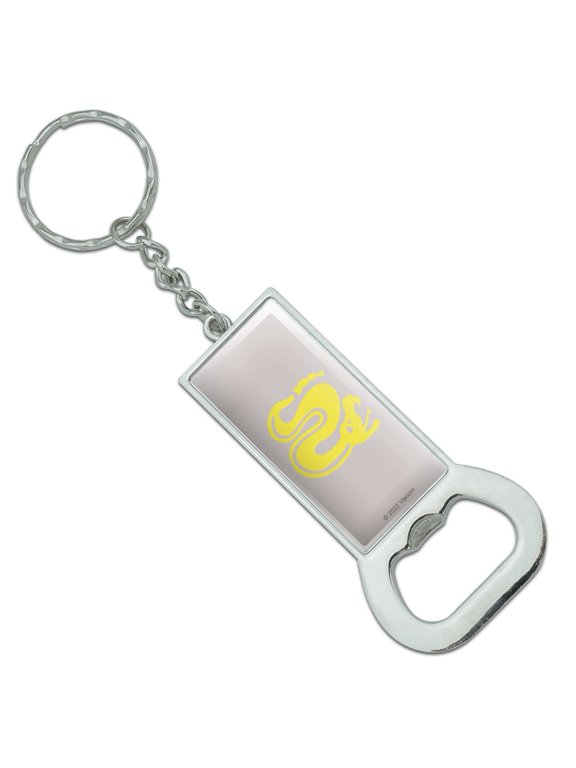 Hidden Temple Silver Snakes Keychain Rectangle Chrome Plated Metal Bottle Cap Opener