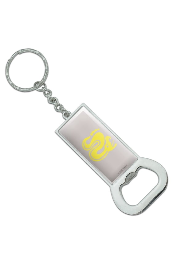 Hidden Temple Silver Snakes Keychain Rectangle Chrome Plated Metal Bottle Cap Opener