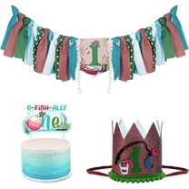 Gone Fishing 1st Birthday Decorations for Boys, Ofishally One High Chair Banner Cake Topper and Birthday Hat Crown for Fishing Themed First Bday Party Supplies