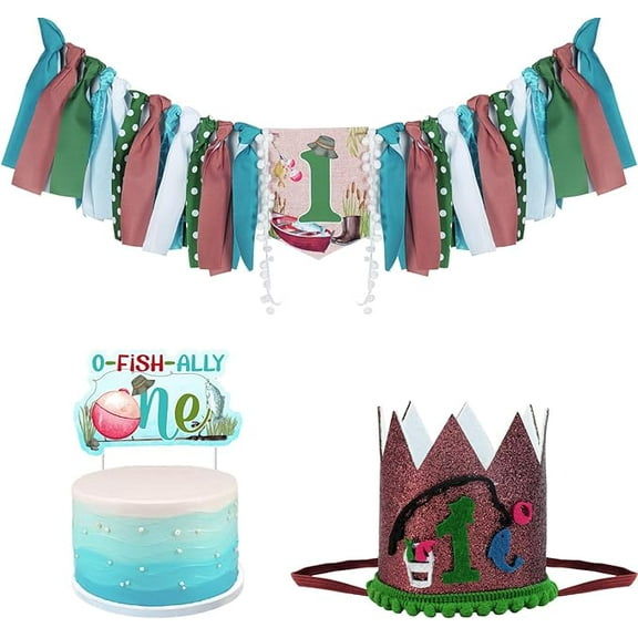 Gone Fishing 1st Birthday Decorations for Boys, Ofishally One High Chair Banner Cake Topper and Birthday Hat Crown for Fishing Themed First Bday Party Supplies