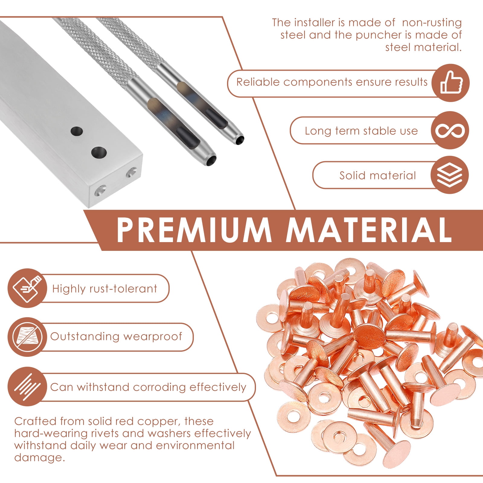 50 Sets Copper Rivet 5 Sizes Leather Rivet with Hole Punches and Washer Setter for Repair and Decorate Belts Handbags Wallets Collars Shoes Clothing Bracelets