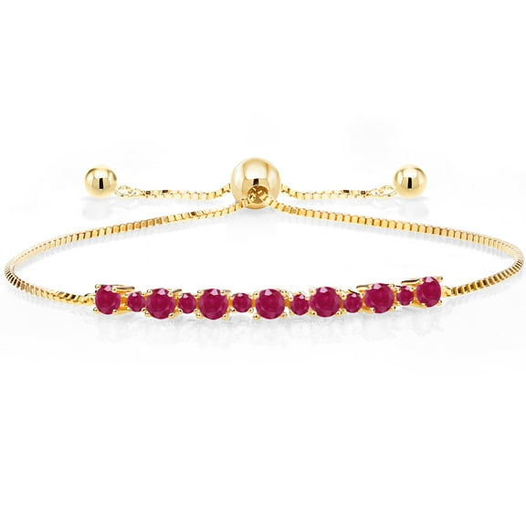 Gem Stone King 18K Yellow Gold Plated Silver Round Red Ruby Tennis Bracelet for Women | 1.27 Cttw | Gemstone Birthstone | Round 3MM and 1.7MM | Fully Adjustable up to 9 inch