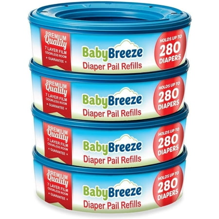 BabyBreeze Diaper Pail Refill Bags Compatible with Playtex Diaper Genie Pails Odor Absorbing Diaper Disposal Trash Bags - 1120 Count (4-Pack) 280 Count (Pack of 4)