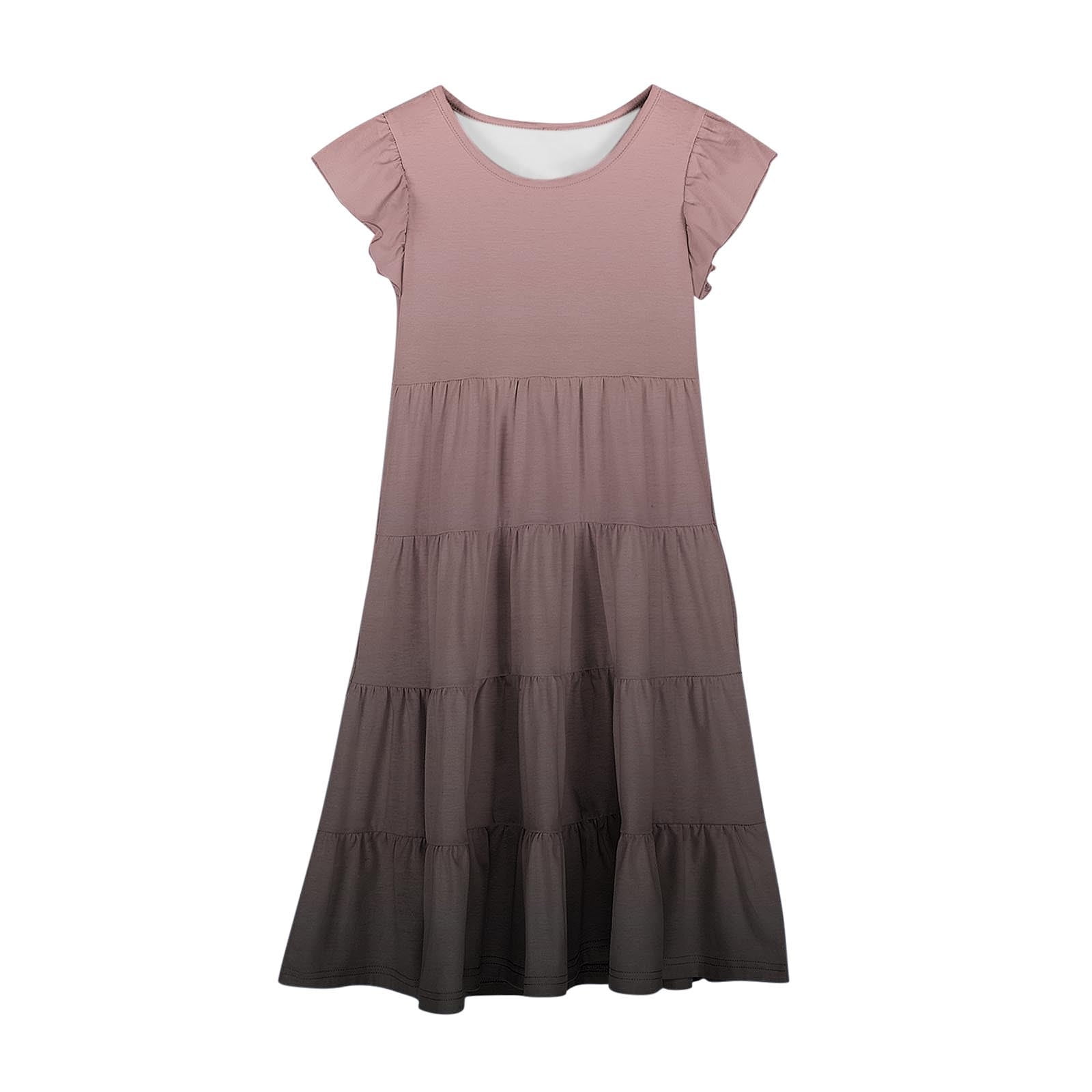 Midi Dresses for Teen Girls Size 6-15 Ruffle Cap Sleeve Sundresses Kids Trendy Gradient Printed Crew Neck Layered Summer Beach Dress