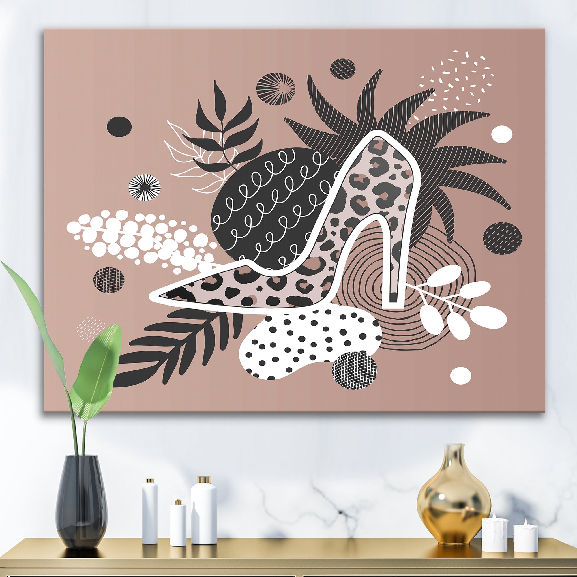 Leopard High-Heeled Shoes On Tropical Leaves 32 in x 16 in Photography Canvas Art Print, by Designart
