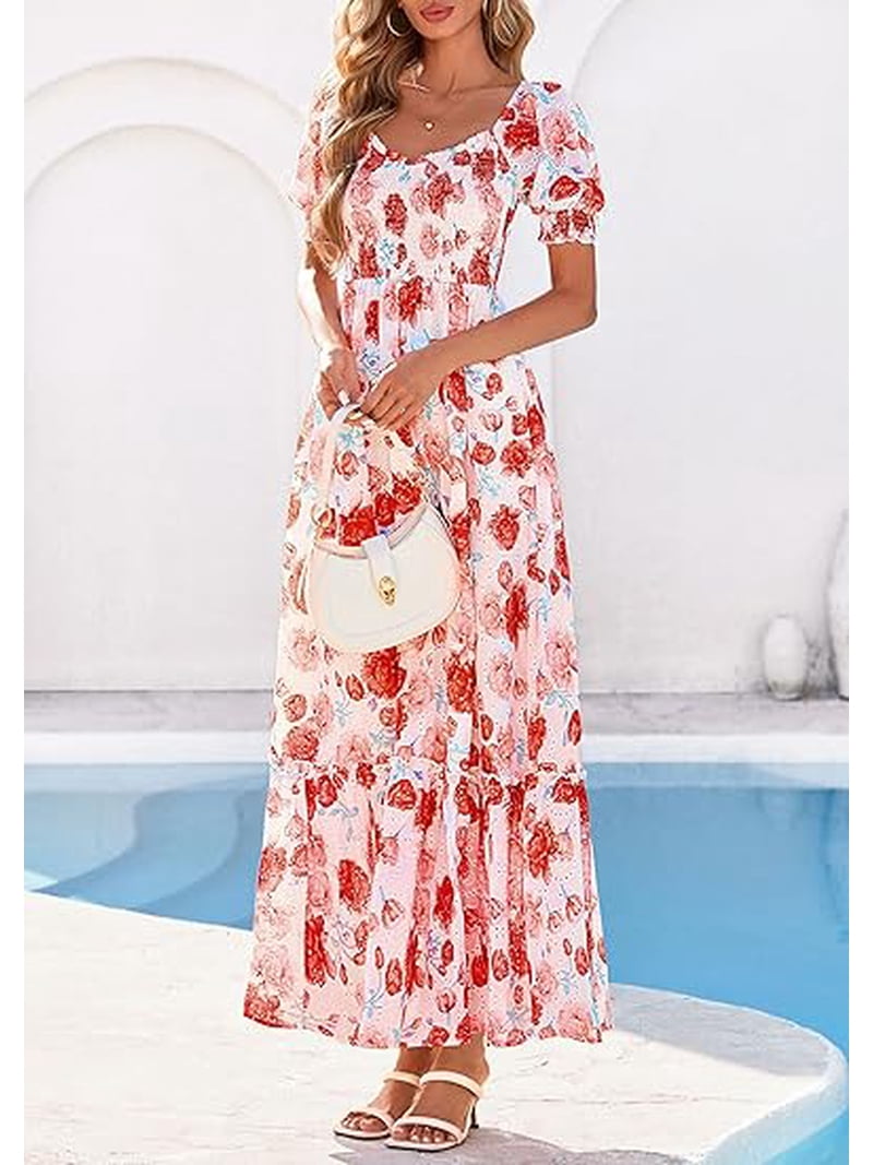 Prettygarden Women's Floral Boho Maxi Dresses Flowy Short Sleeve A Line Smocked Eyelet Summer Beach Vacation Clothes, Size: Large, Orange